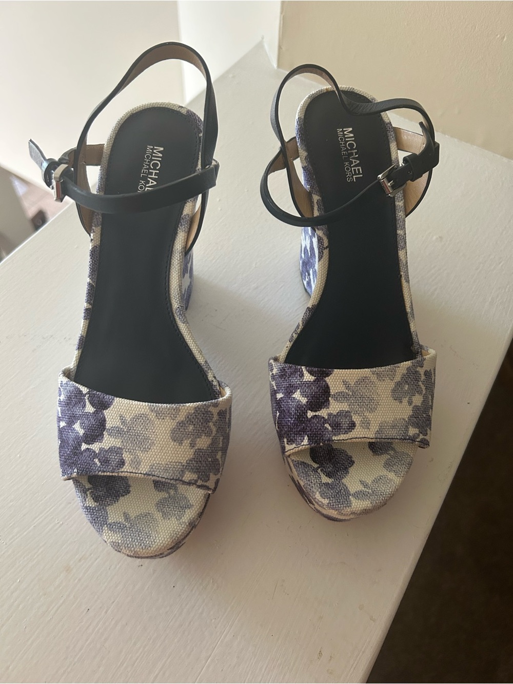 Michael Kors Floral Canvas Wedge Sandals in Purple and Cream